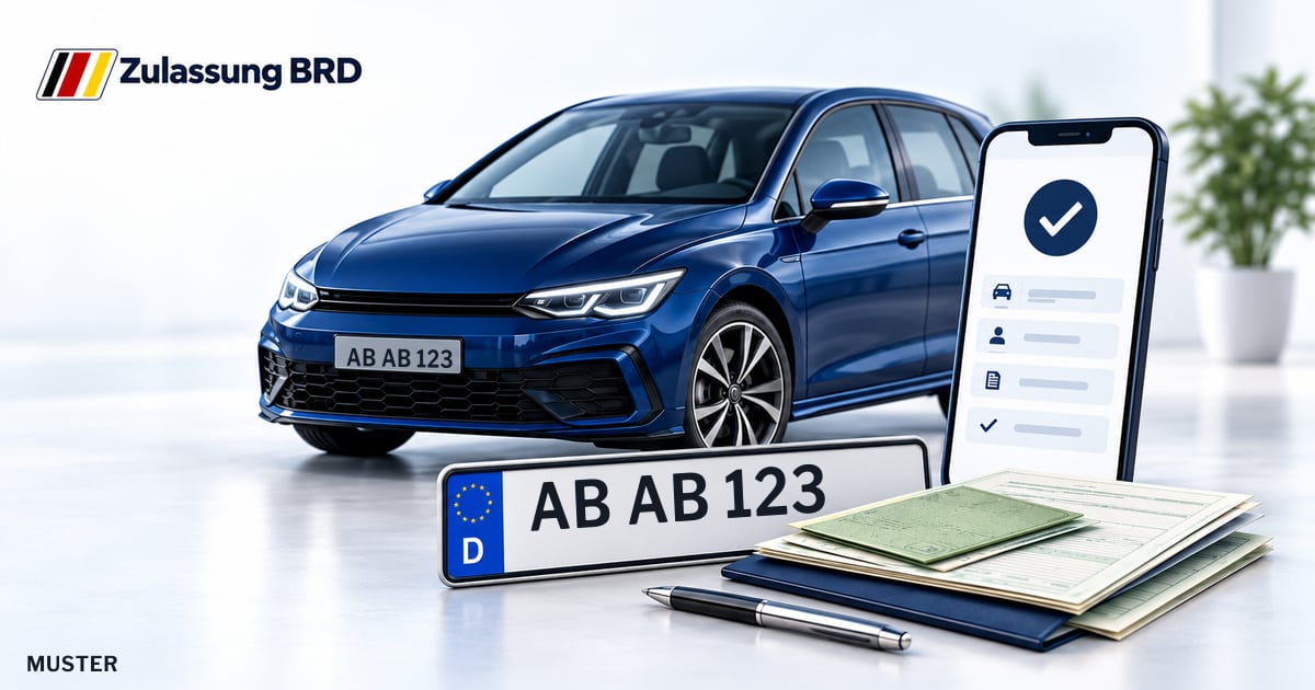 Online Fahrzeugzulassung in Mömbris: Musterkennzeichen AB AB 123, Auto und Fahrzeugpapiere und Smartphone. Illustration mit Logo von Zulassung BRD.